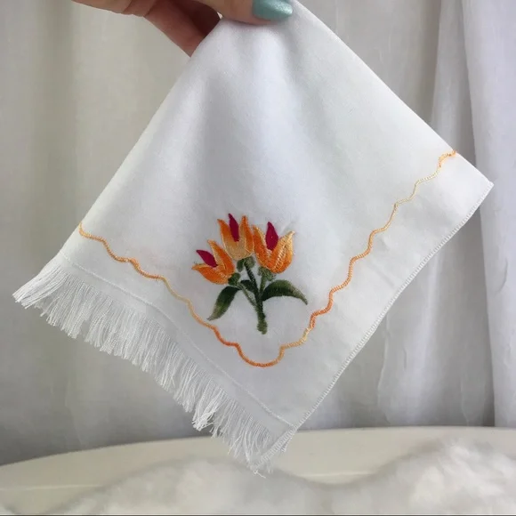 Embroidered Golden Tulips Flowers Fringe Handkerchief Vintage Style Floral - Picture 6 of 16